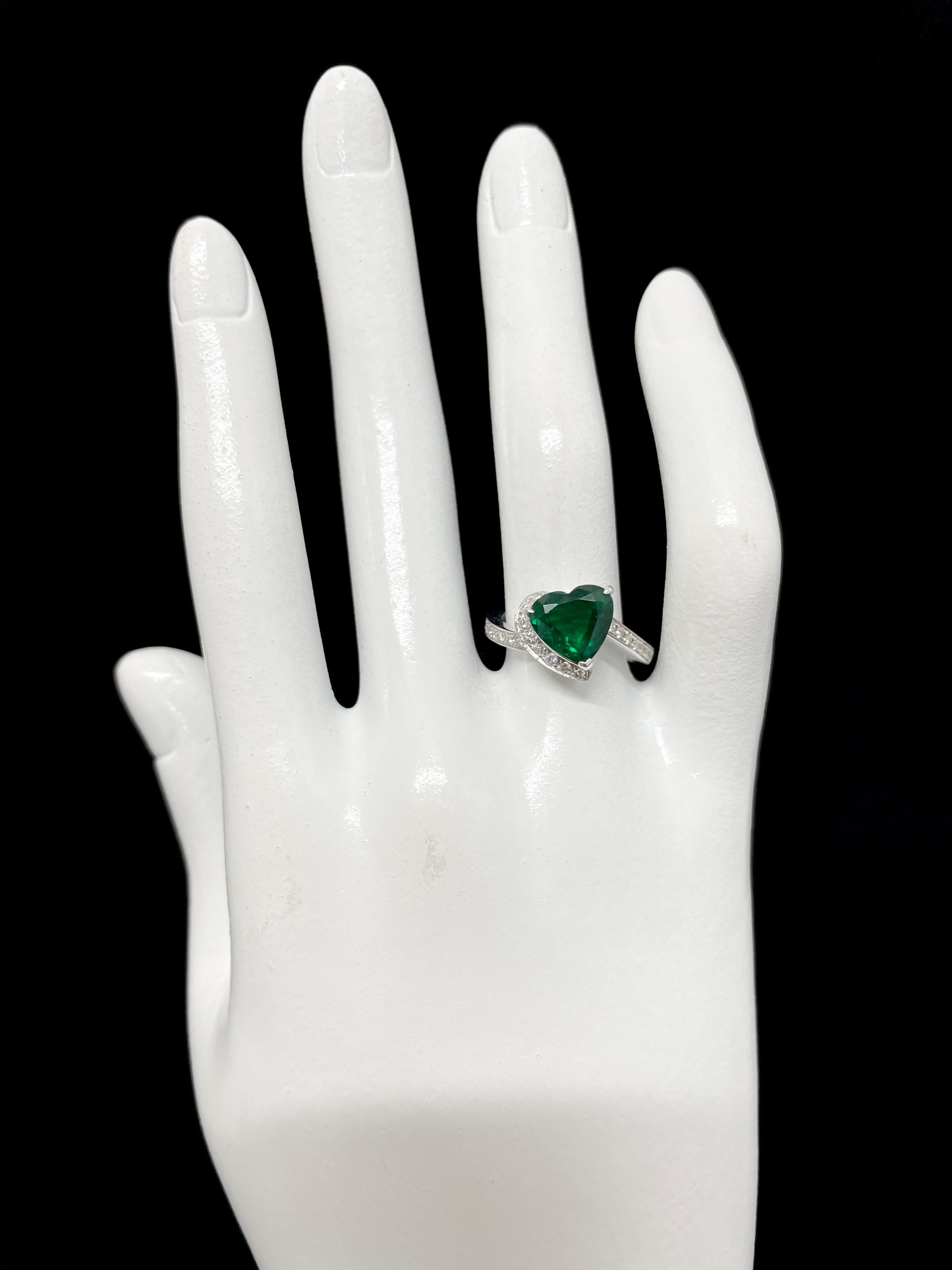 Heart Cut GRS Cert. 2.29 Carat Natural Vivid Green, Heart-Shaped Emerald and Diamond Ring For Sale