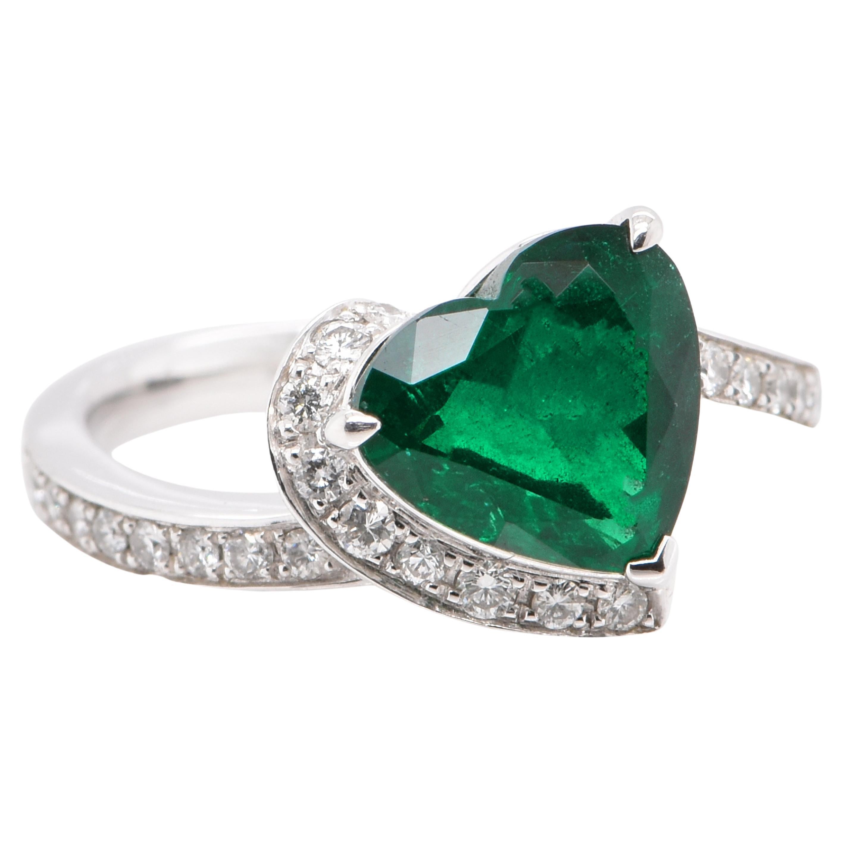 GRS Cert. 2.29 Carat Natural Vivid Green, Heart-Shaped Emerald and Diamond Ring For Sale