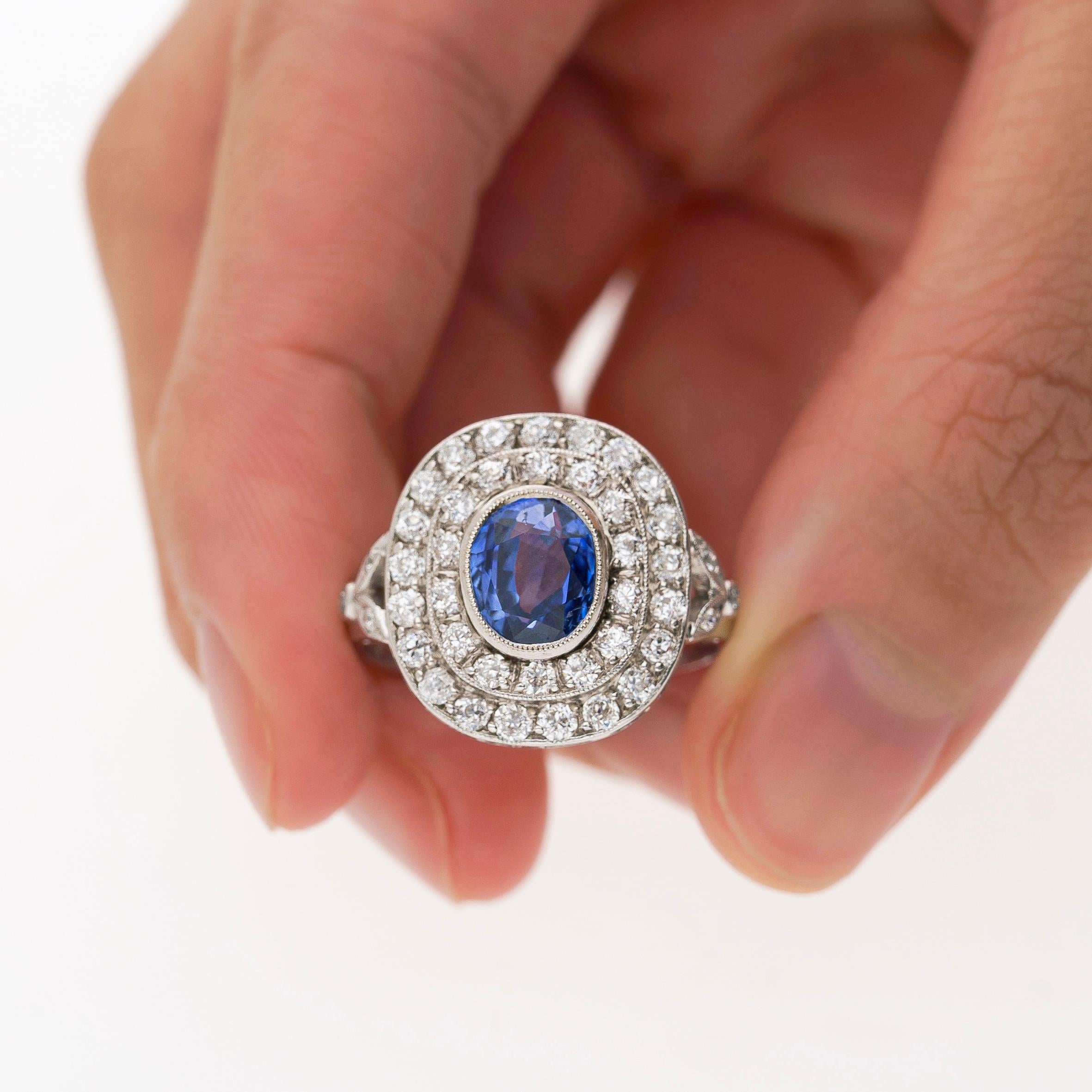 GRS Cert 2.56ct No Heat Kashmir Blue Sapphire in Platinum Diamond Halo Ring For Sale 5