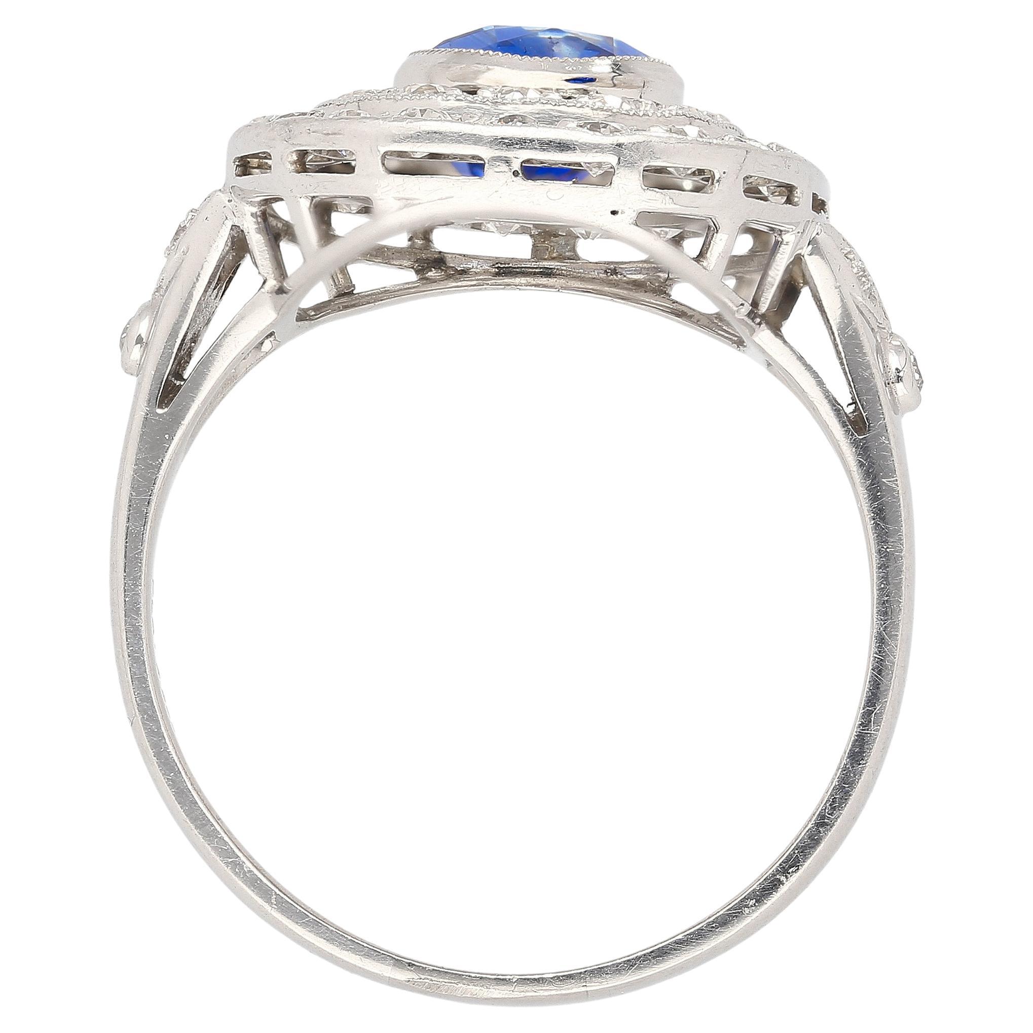 Art Deco GRS Cert 2.56ct No Heat Kashmir Blue Sapphire in Platinum Diamond Halo Ring For Sale