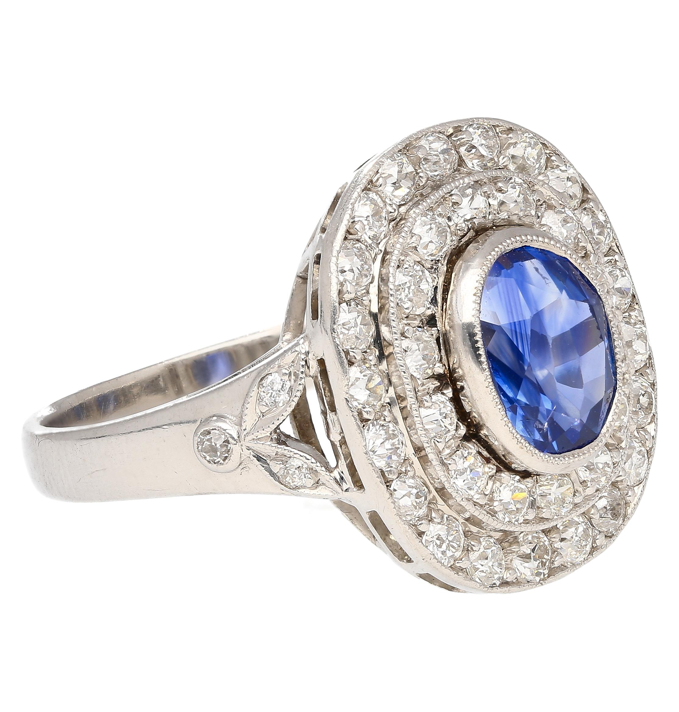 GRS Cert 2.56ct No Heat Kashmir Blue Sapphire in Platinum Diamond Halo Ring In Excellent Condition For Sale In Miami, FL