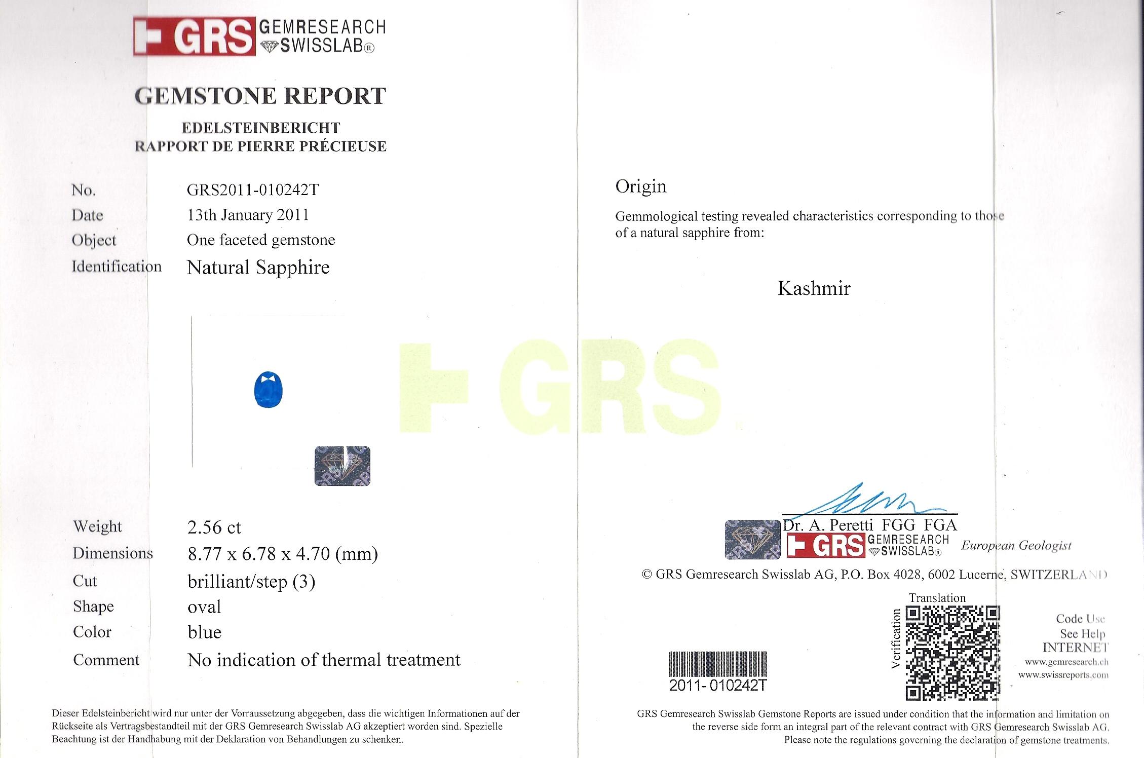 GRS Cert 2.56ct No Heat Kashmir Blue Sapphire in Platinum Diamond Halo Ring For Sale 6