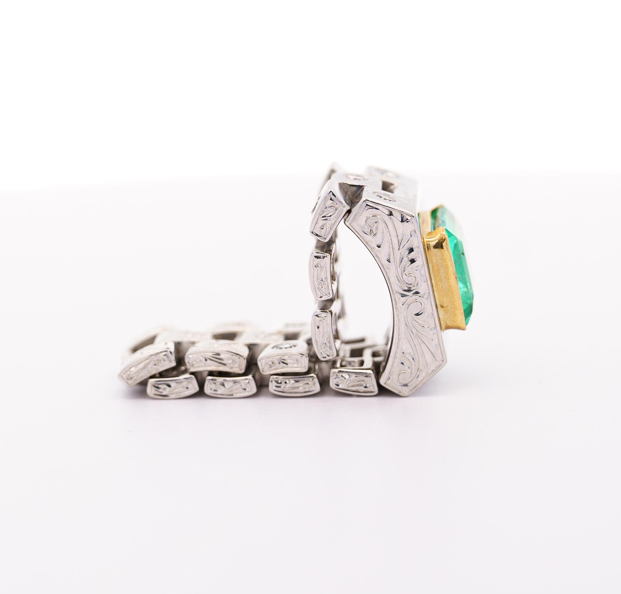 Art Deco GRS Cert. 3.43 Carat Colombian Emerald Mens Platinum Carved Link Ring