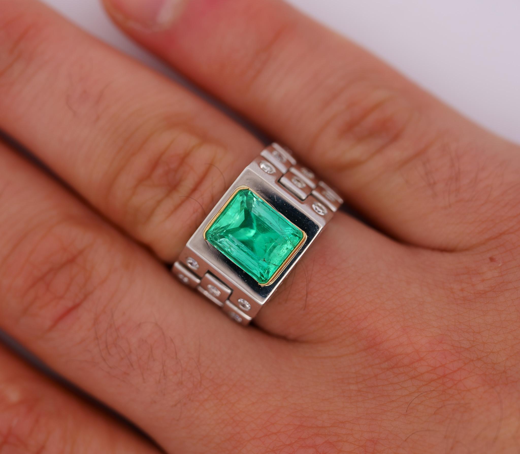 Emerald Cut GRS Cert. 3.43 Carat Colombian Emerald Mens Platinum Carved Link Ring