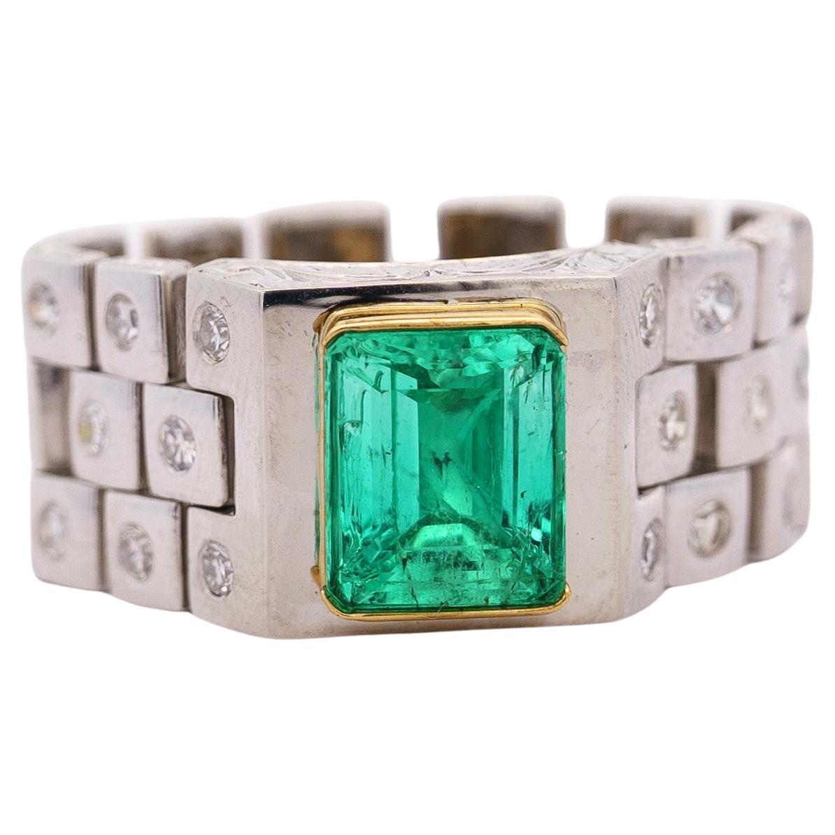 GRS Cert. 3.43 Carat Colombian Emerald Mens Platinum Carved Link Ring