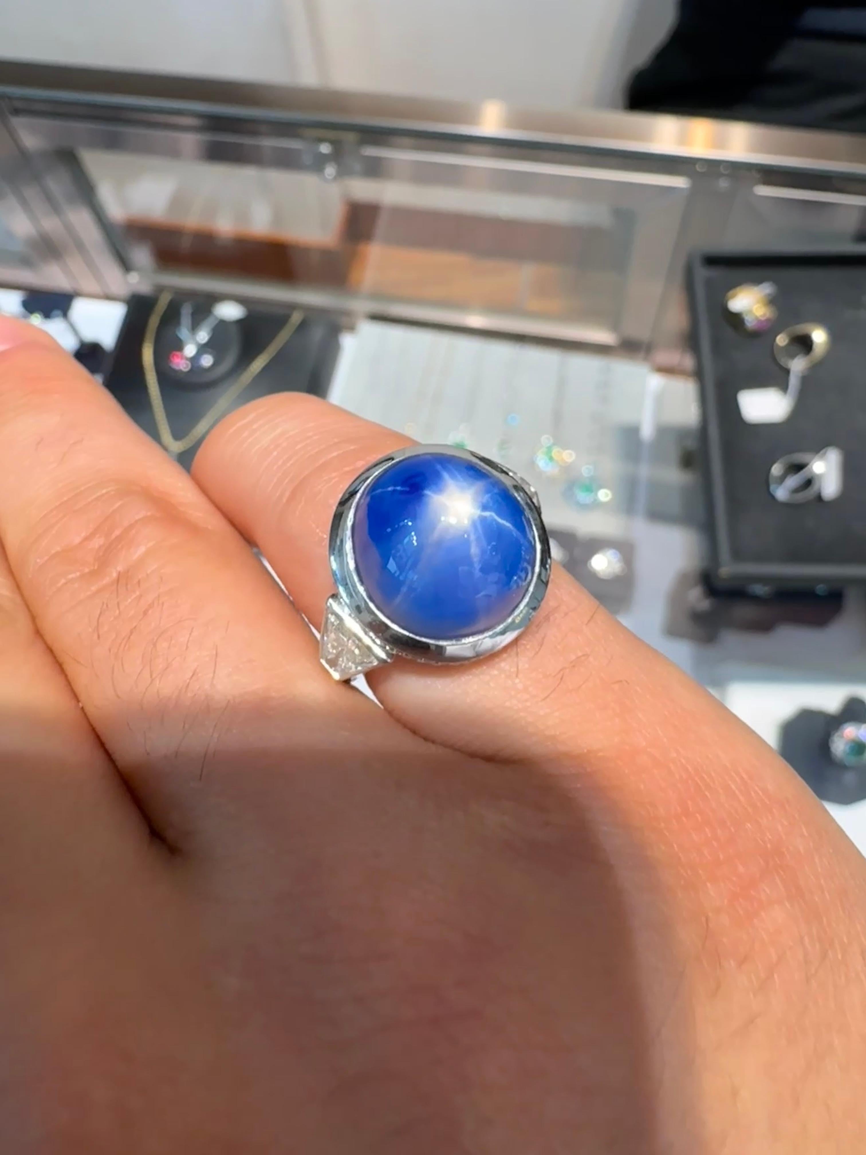 GRS Cert. No Heat Cabochon Blue Star Sapphire Ring with Trapezoid Cut Diamonds For Sale 2