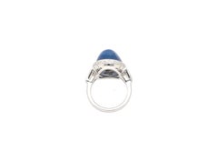 GRS Cert. No Heat Cabochon Blue Star Sapphire Ring with Trapezoid Cut Diamonds