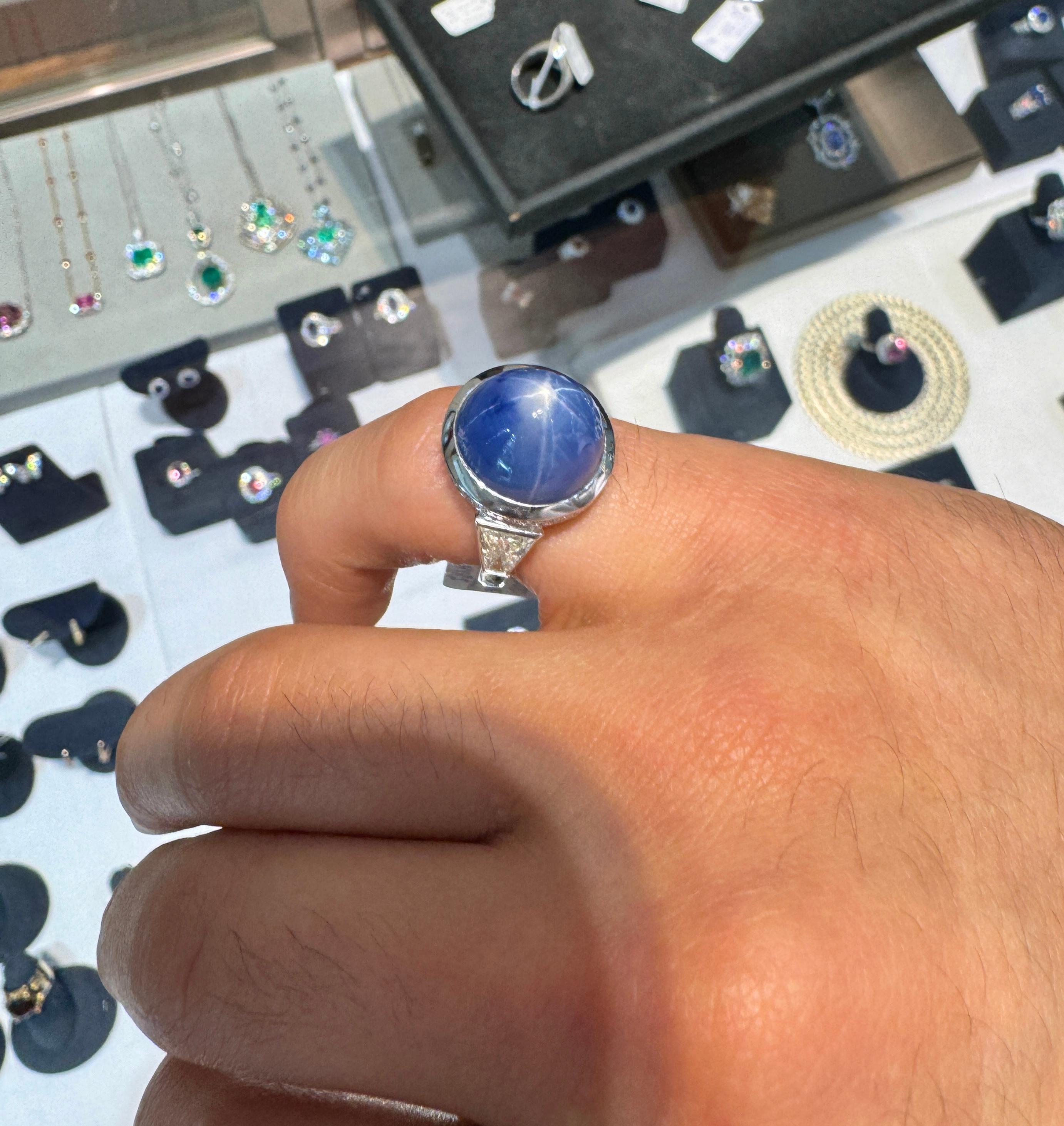 Women's GRS Cert. No Heat Cabochon Blue Star Sapphire Ring with Trapezoid Cut Diamonds For Sale