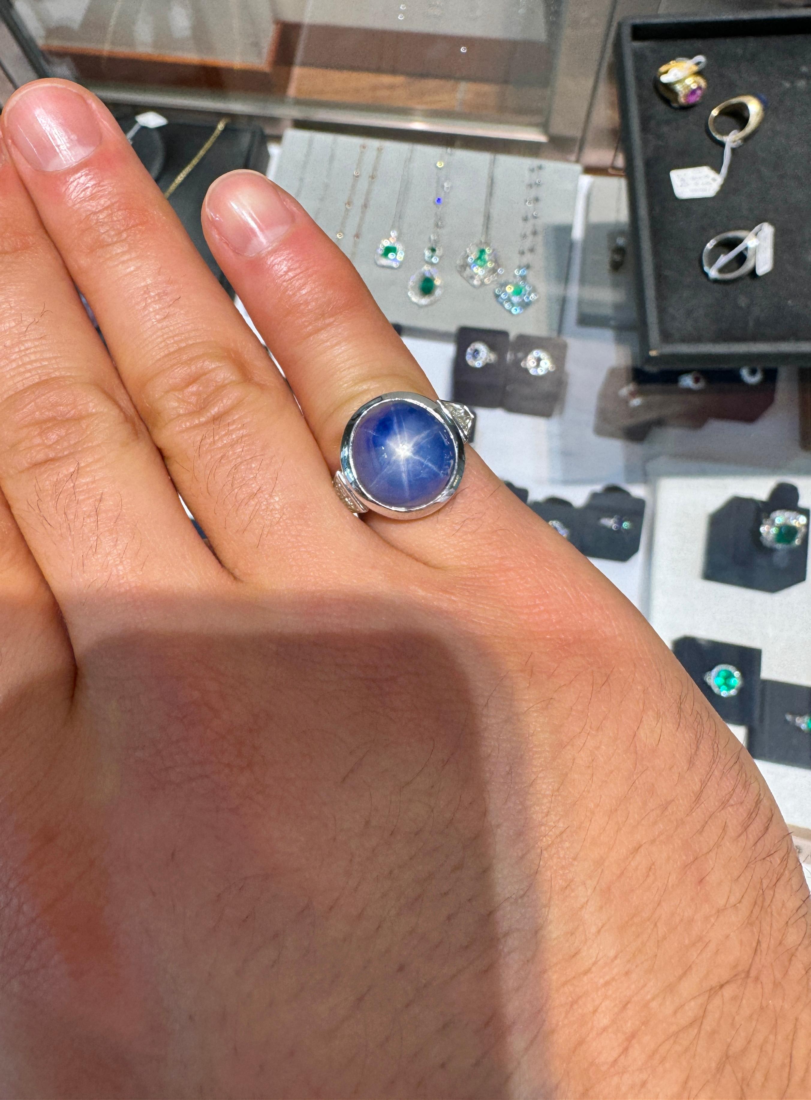 GRS Cert. No Heat Cabochon Blue Star Sapphire Ring with Trapezoid Cut Diamonds For Sale 1
