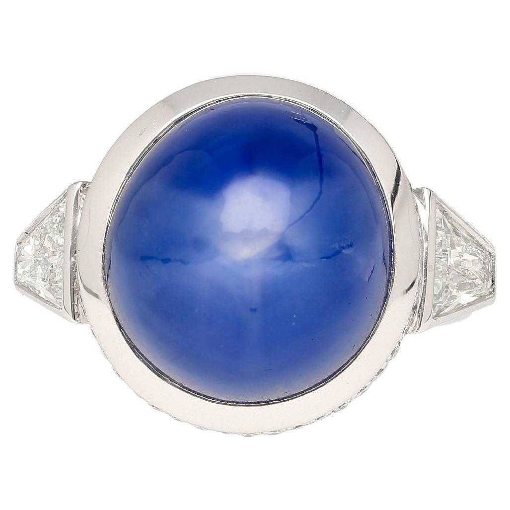 GRS Cert. No Heat Cabochon Blue Star Sapphire Ring with Trapezoid Cut Diamonds For Sale