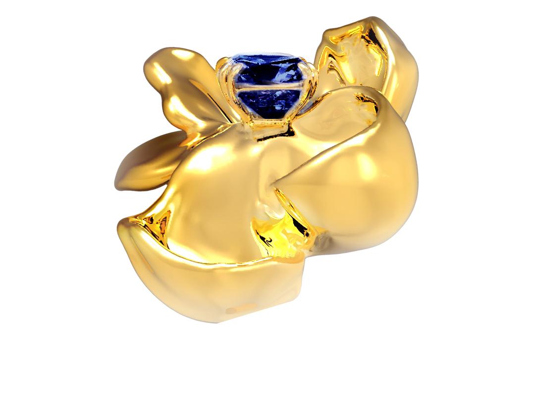GRS Cert Vivid No Heat Blue Sapphire Brooch in Eighteen Karat Yellow Gold For Sale 1
