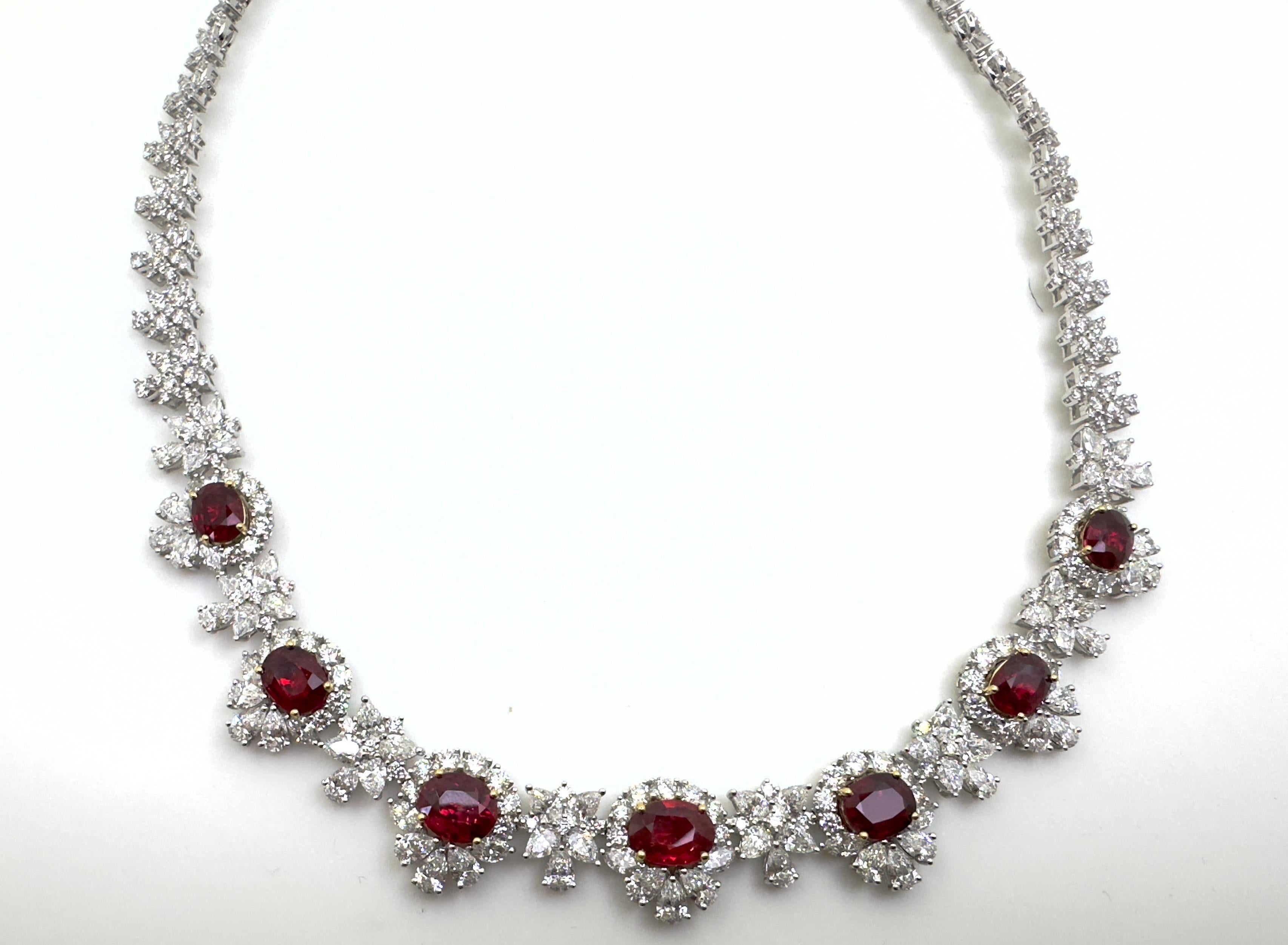 Contemporary GRS Certifed 12.03 Carat Rubies Diamond Necklace in 18 Karat White Gold For Sale