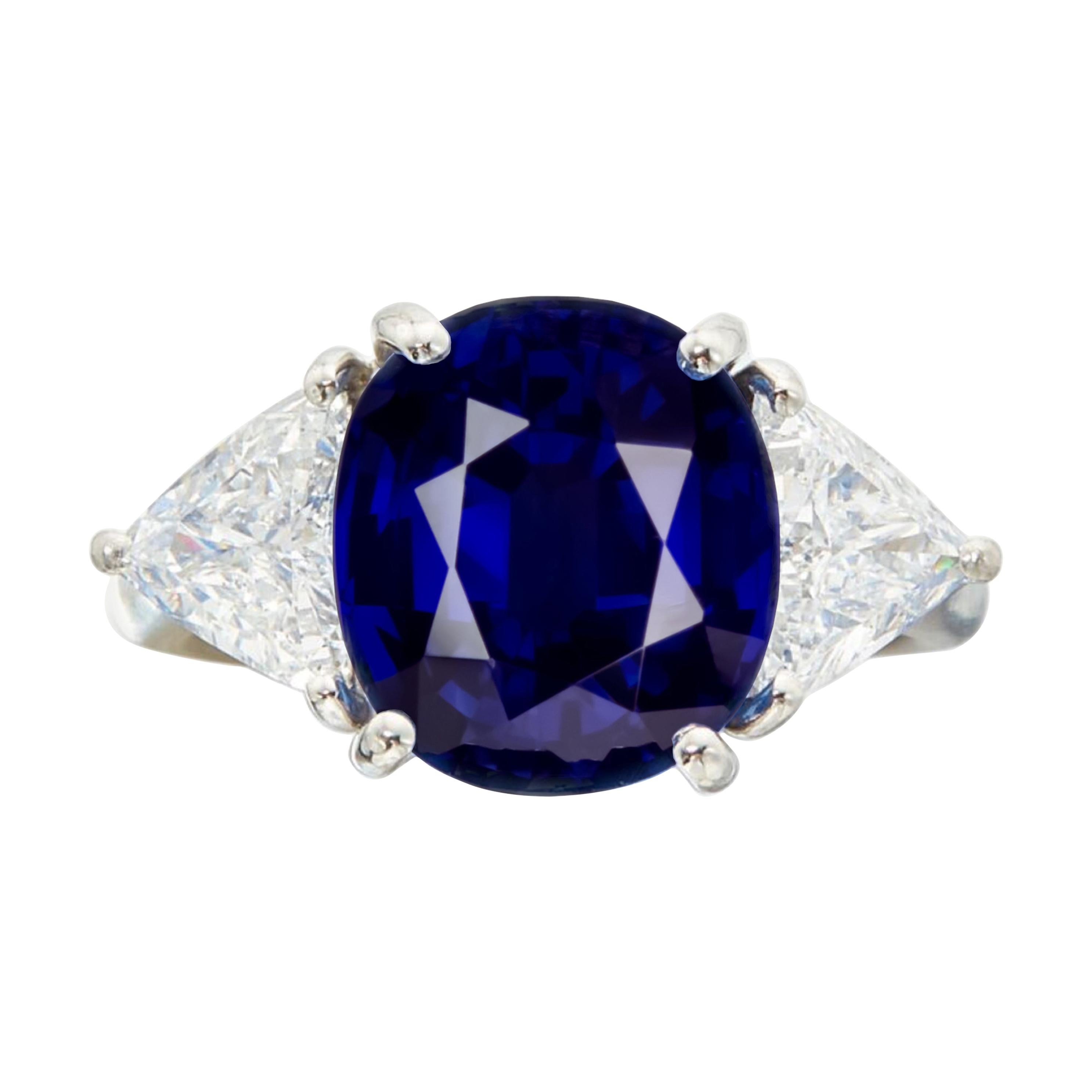GRS Certifed 2.70 Carat Vivid Blue No Heated Sapphire Diamond Three Stone Ring