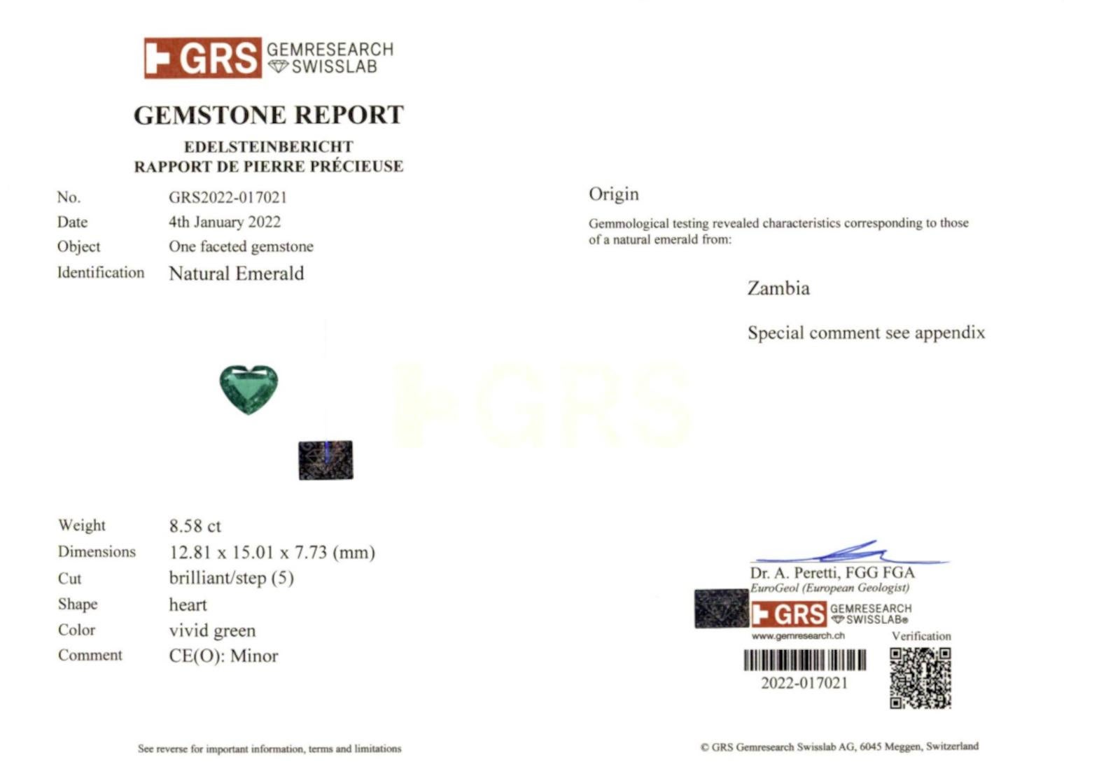 Cuore Collana di diamanti smeraldo a forma di cuore con olio minore certificata GRS da 8,58 carati in vendita