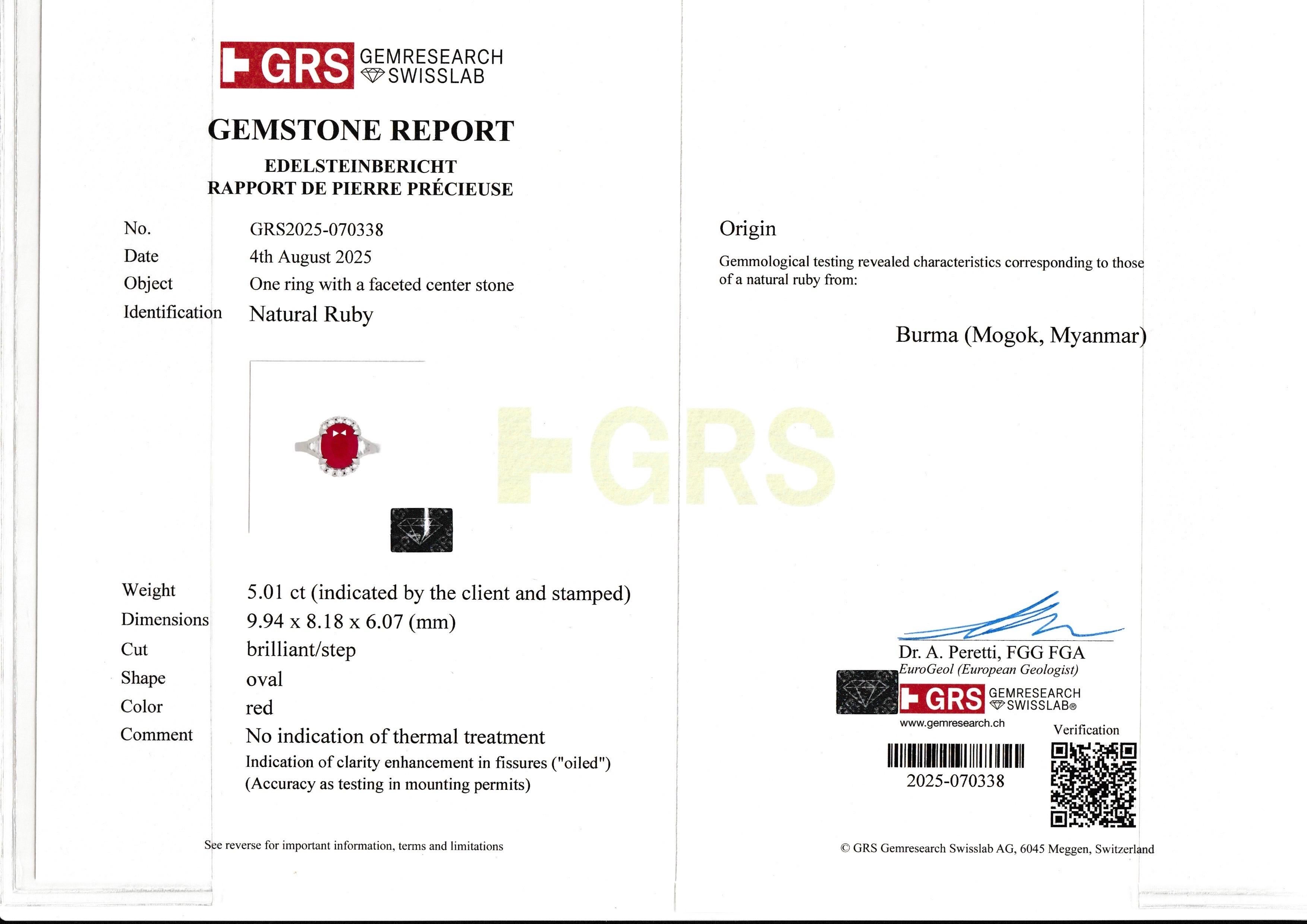 Certificat GRS 5.01 Ct Naturel non chauffé Mogok Burma Ruby  Couleur rouge avec anneau en vente 3