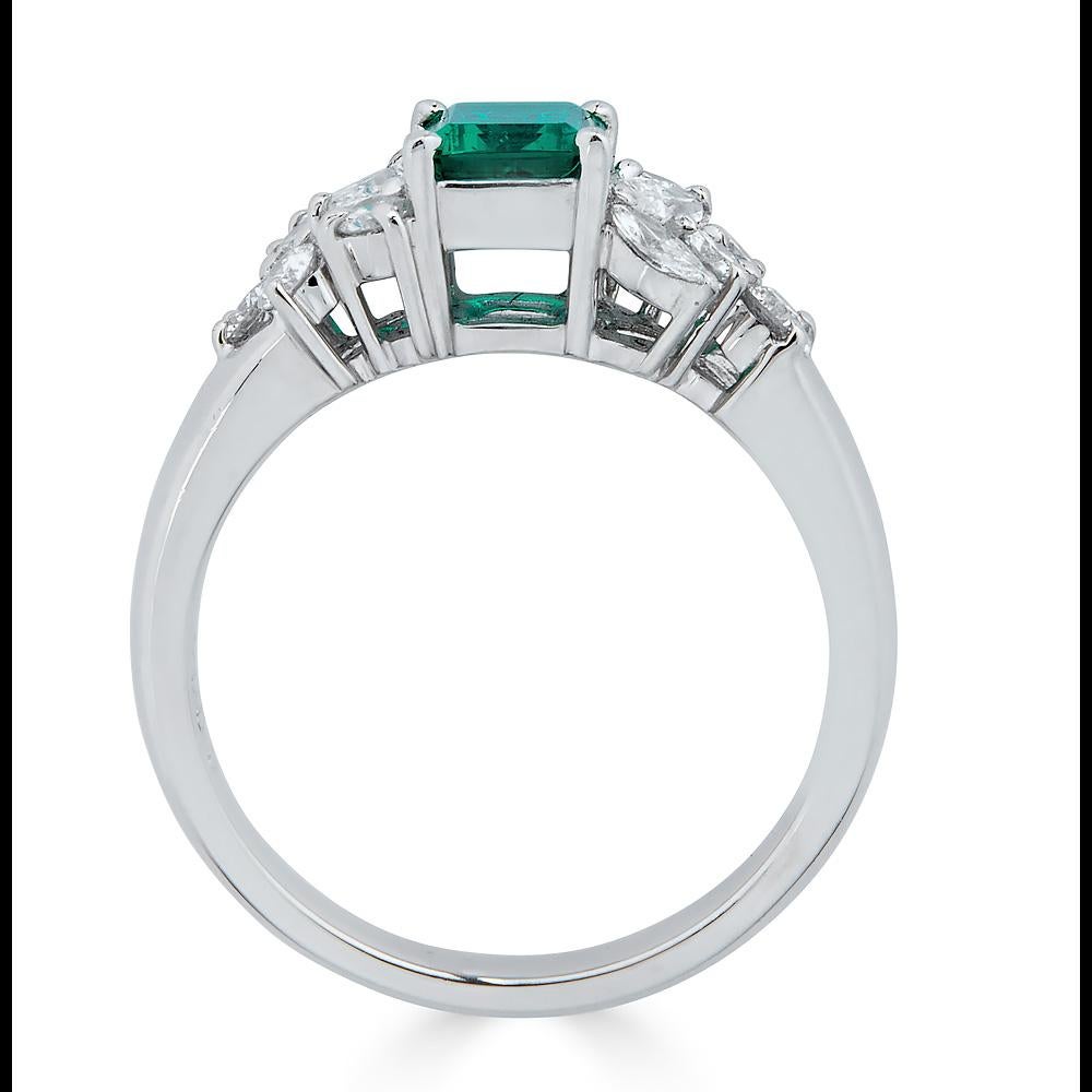 Crafted in Platinum, the center is adorned by a GRS Certified vivid green color-saturated, legendary color variety, Muzo Colombian emerald. Colombian specifically from the Muzo mines is the finest color and high luster.
A rarity of nature, weighing