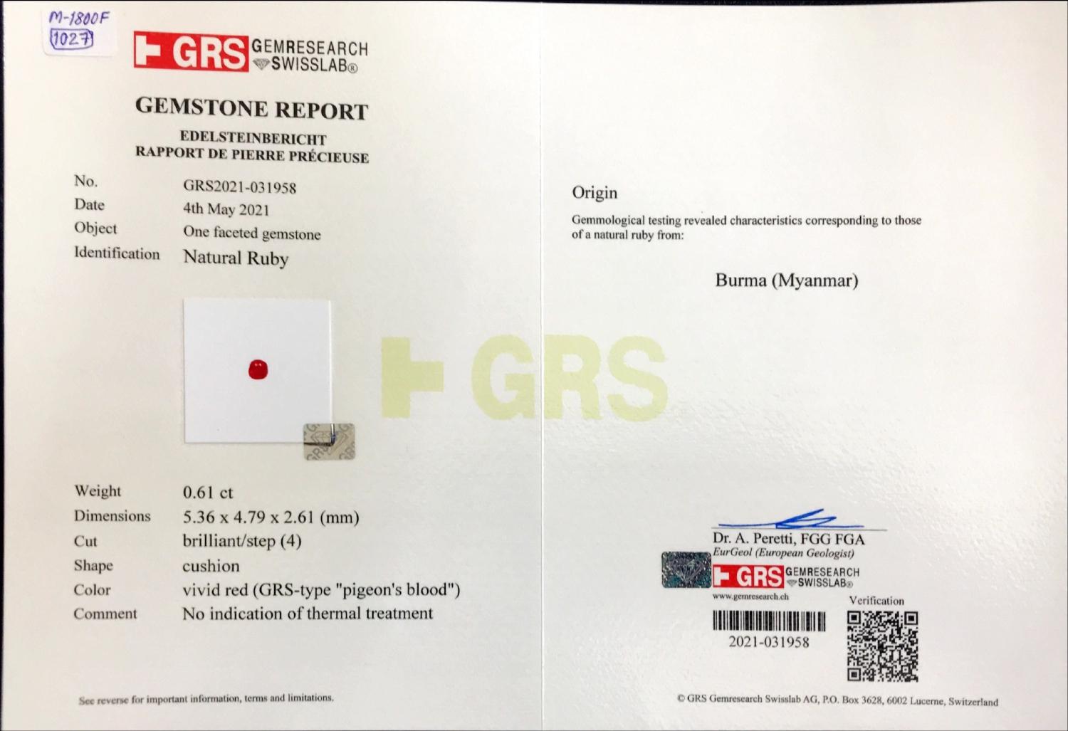 Femenino o masculino Anillo de rubí de sangre de paloma birmana en oro de 18 quilates, certificado GRS, de 0,61 quilates, sin tratamiento térmico en venta