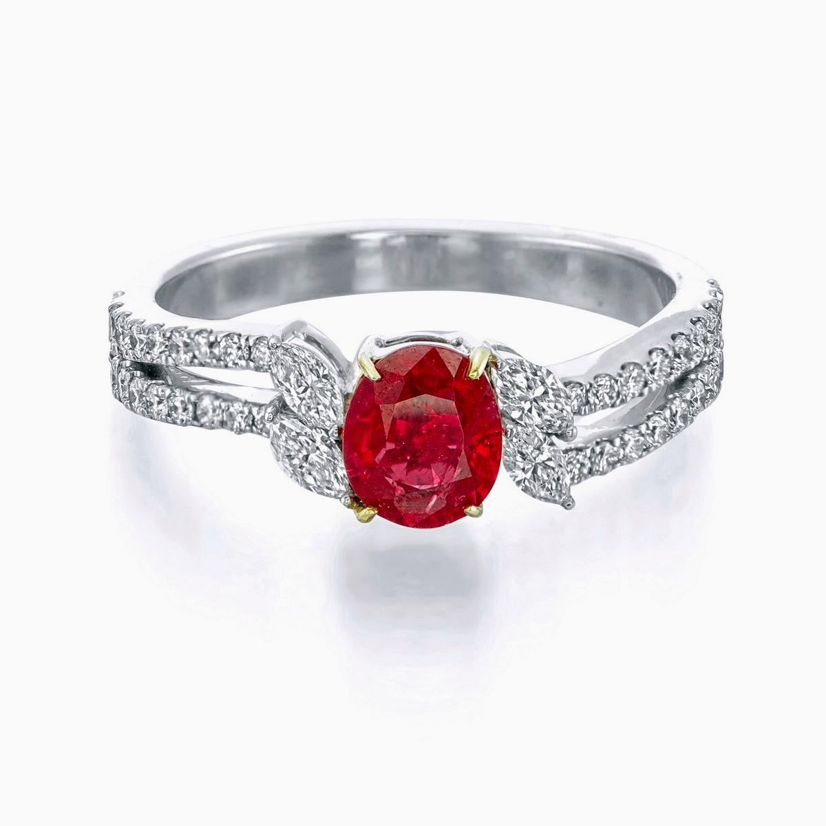 Introducing a piece from Rewa Jewelry, this ring showcases a vibrant 0.64-carat ruby as its centerpiece. The ring is certified as 'Pigeon Blood' from GemResearch Swisslab (GRS), Certificate Number GRS2021-121233.

Surrounding the ruby are 0.57