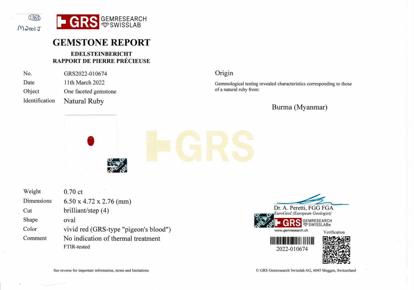 Women's or Men's GRS Certified 0.70 Carat Burmese Ruby No Heat Pigeon Blood Ring in 18K Gold