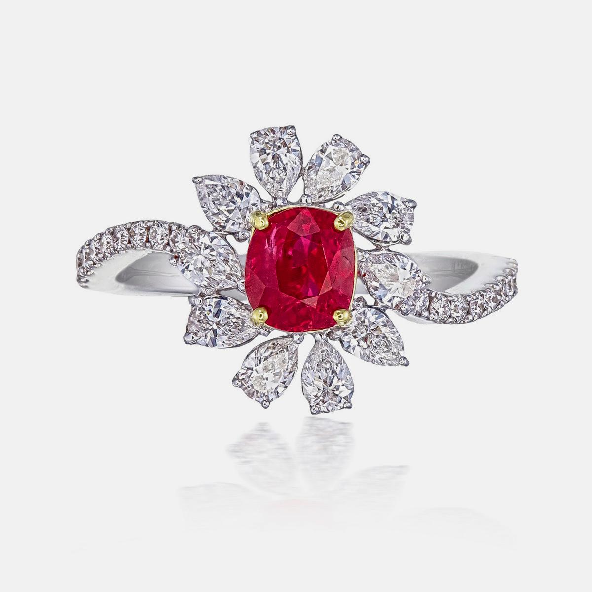 Cushion Cut GRS Certified 0.80 Carat Pigeon Blood Ruby and Diamond Ring