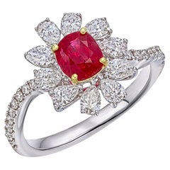 GRS Certified 0.80 Carat Pigeon Blood Ruby and Diamond Ring