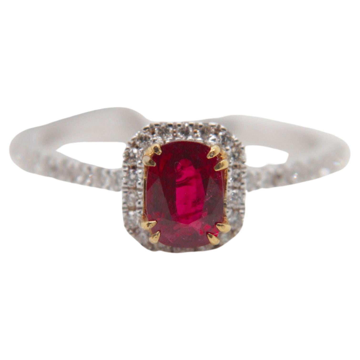 GRS Certified 0.79 Carat Pigeon Blood Burmese No Heat Ruby and Diamond Ring For Sale