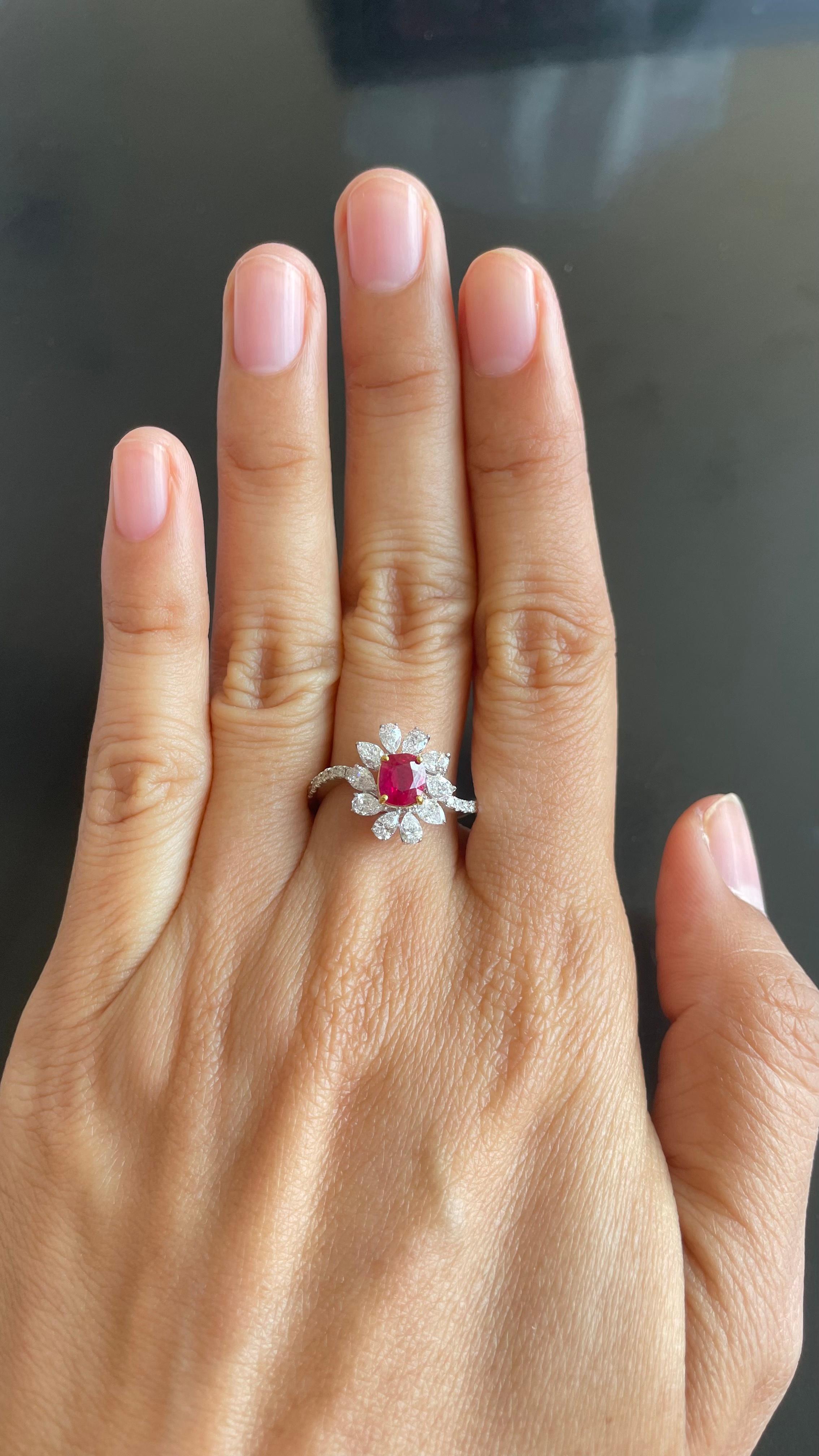 GRS Certified 0.80 Carat Pigeon Blood Ruby and Diamond Ring 1