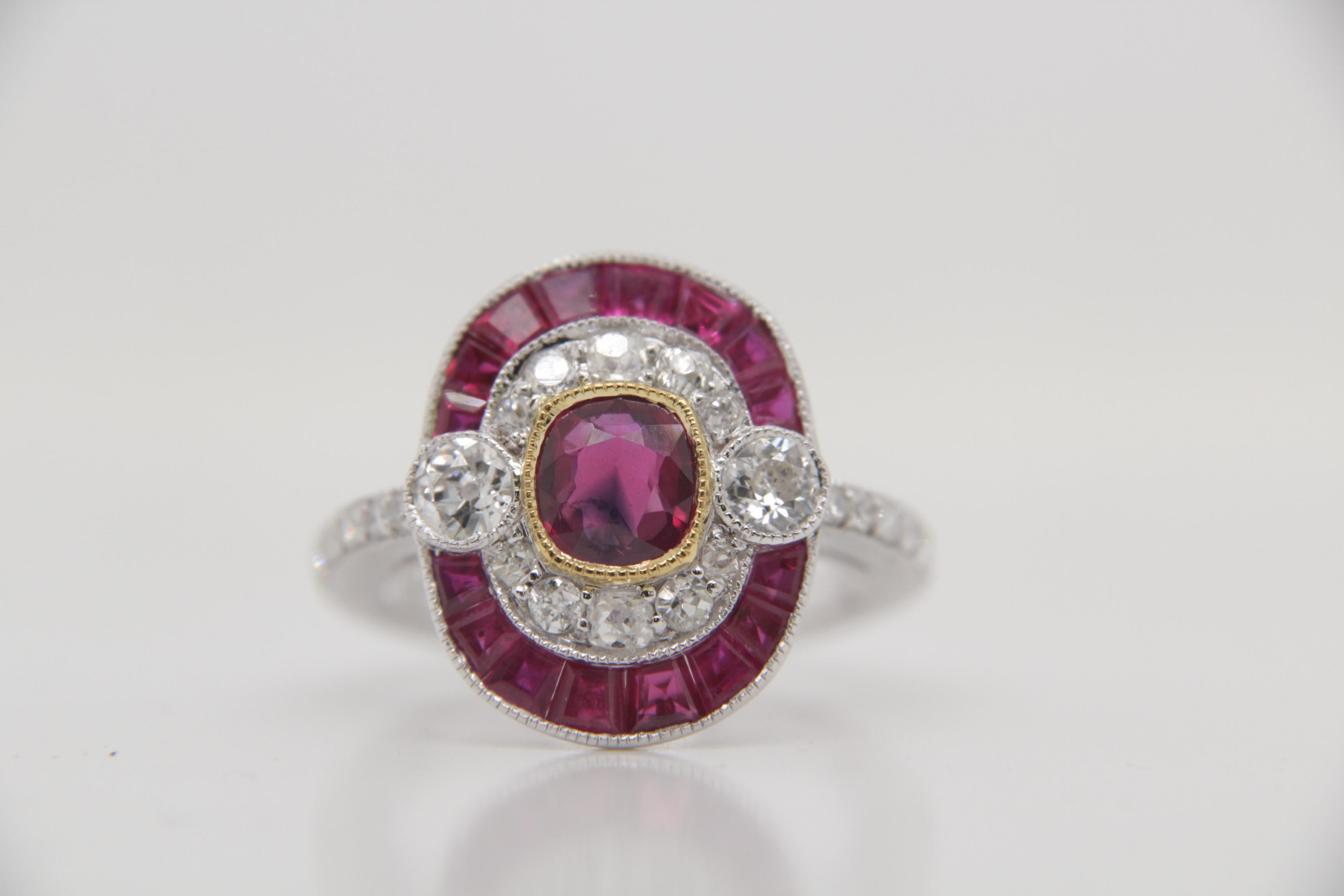 A brand new handcrafted ruby ring by Rewa Jewels. The ring's center stone is 0.88 carat Burmese ruby certified by Gem Research Swisslab (GRS) as natural, unheated, 'Pigeon blood' with the certificate number: 2021-121223. The centre ruby has been set