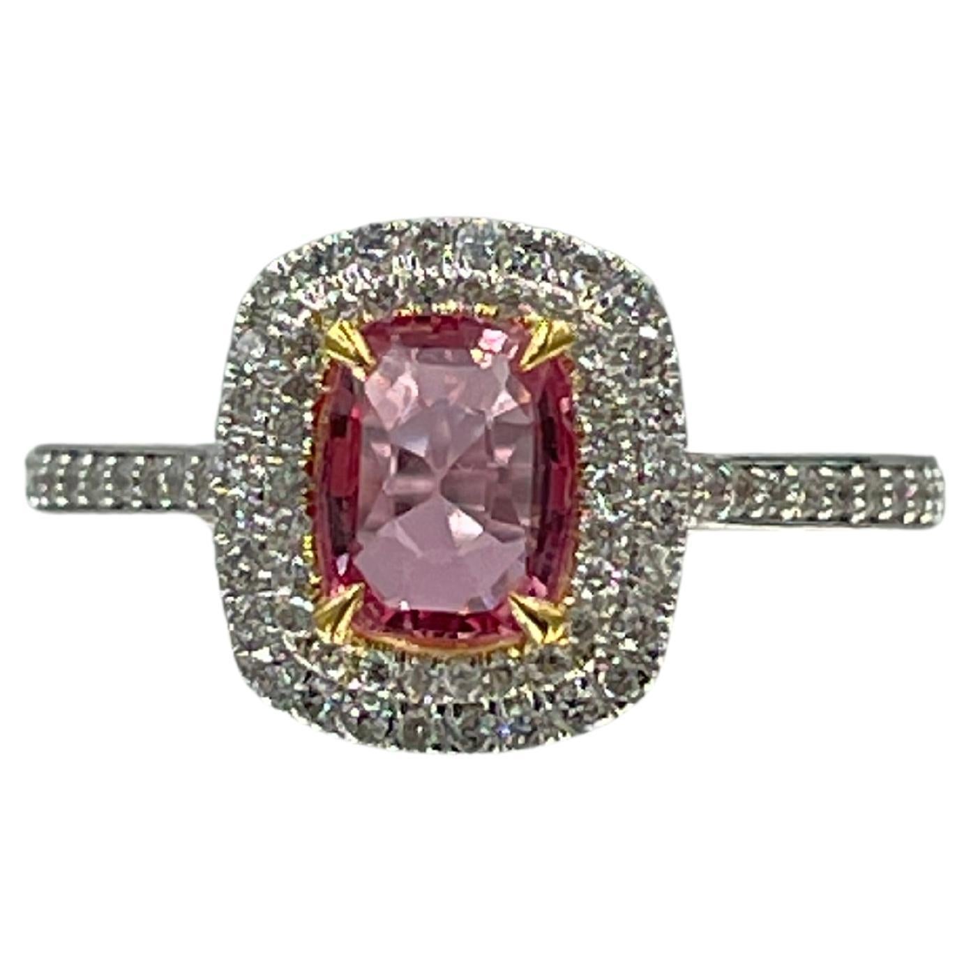 GRS Certified 0.92 Carat Natural Padparadscha Sapphire Diamond Ring For Sale