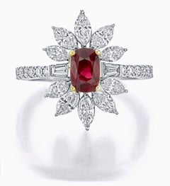 GRS Certified 0.95 Carat No Heat Burmese Pigeon Blood Ruby Ring in 18K Gold