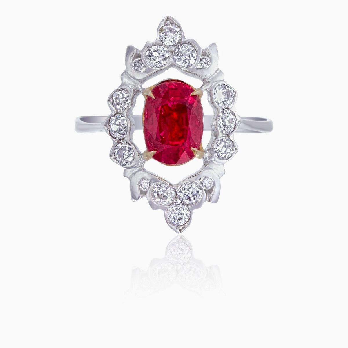 Women's or Men's GRS Certified 1.09 Carat Burmese No Heat Pigeon Blood Ruby and Diamond Ring For Sale