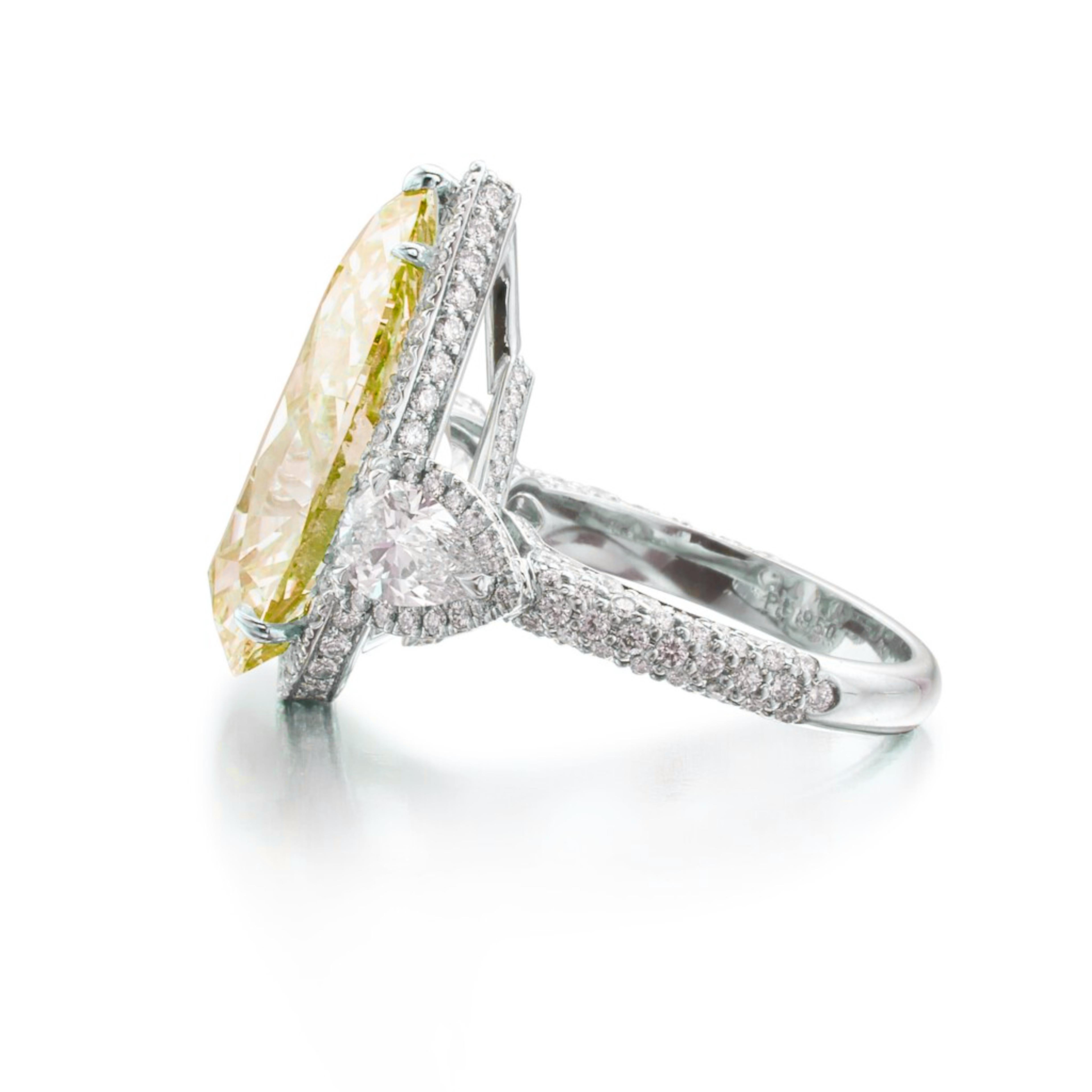 Contemporary GRS Certified 10 Carat Fancy Yellow Pear Cut Diamond Ring For Sale