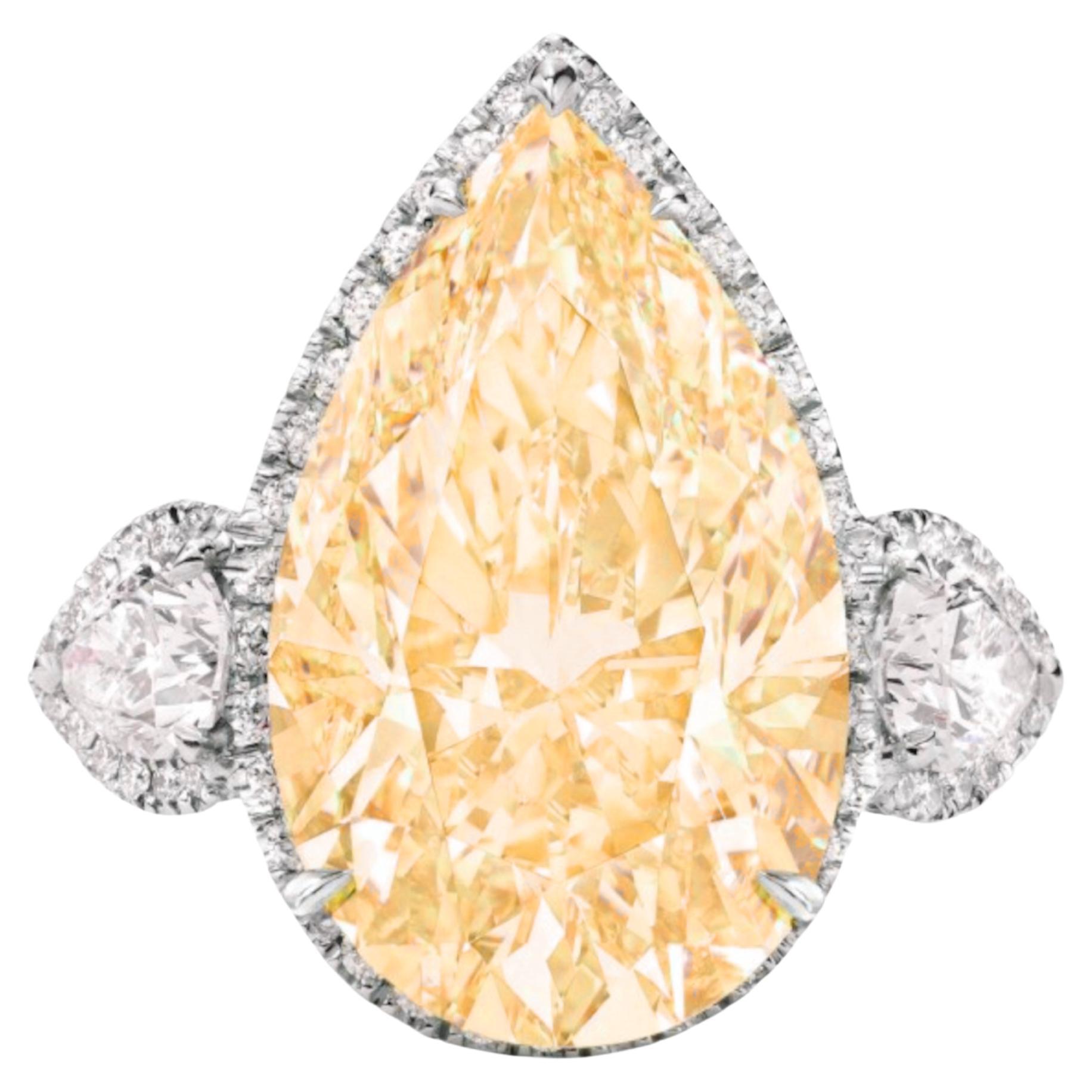 GRS Certified 10 Carat Fancy Yellow Pear Cut Diamond Ring For Sale