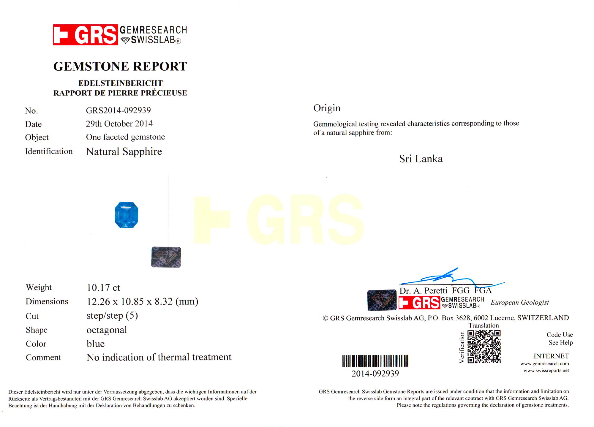 GRS Certified 10 Carat No Heat Blue Sapphire Ring For Sale 3