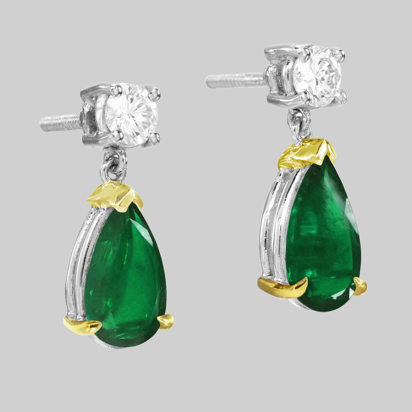 Modern GRS Certified 10 Carat Pear Cut NO OIL Emerald Diamond Earrings For Sale