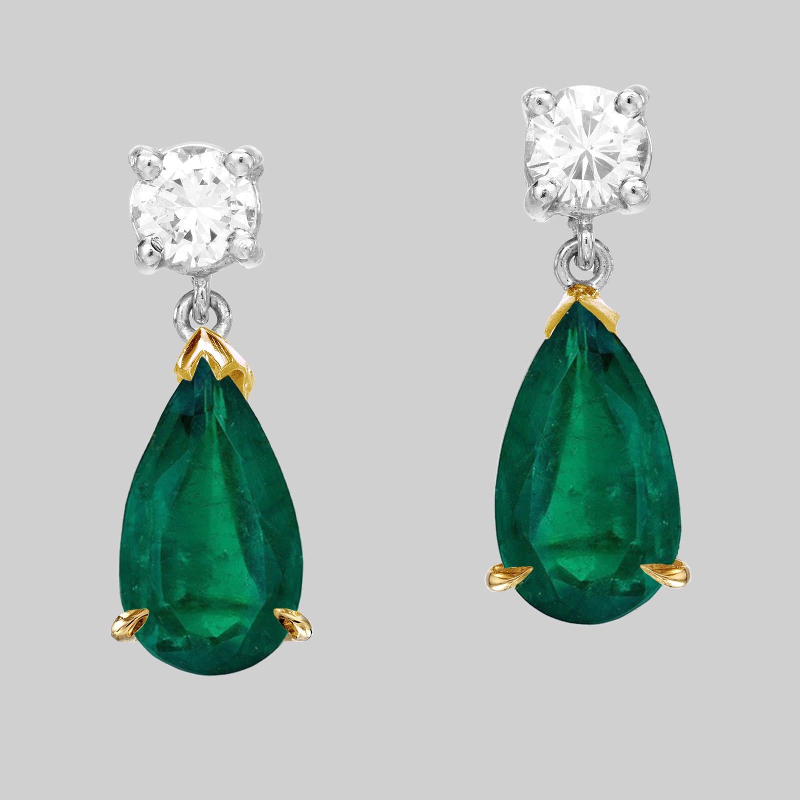 Women's or Men's GRS Certified 10 Carat Pear Cut NO OIL Emerald Diamond Earrings For Sale