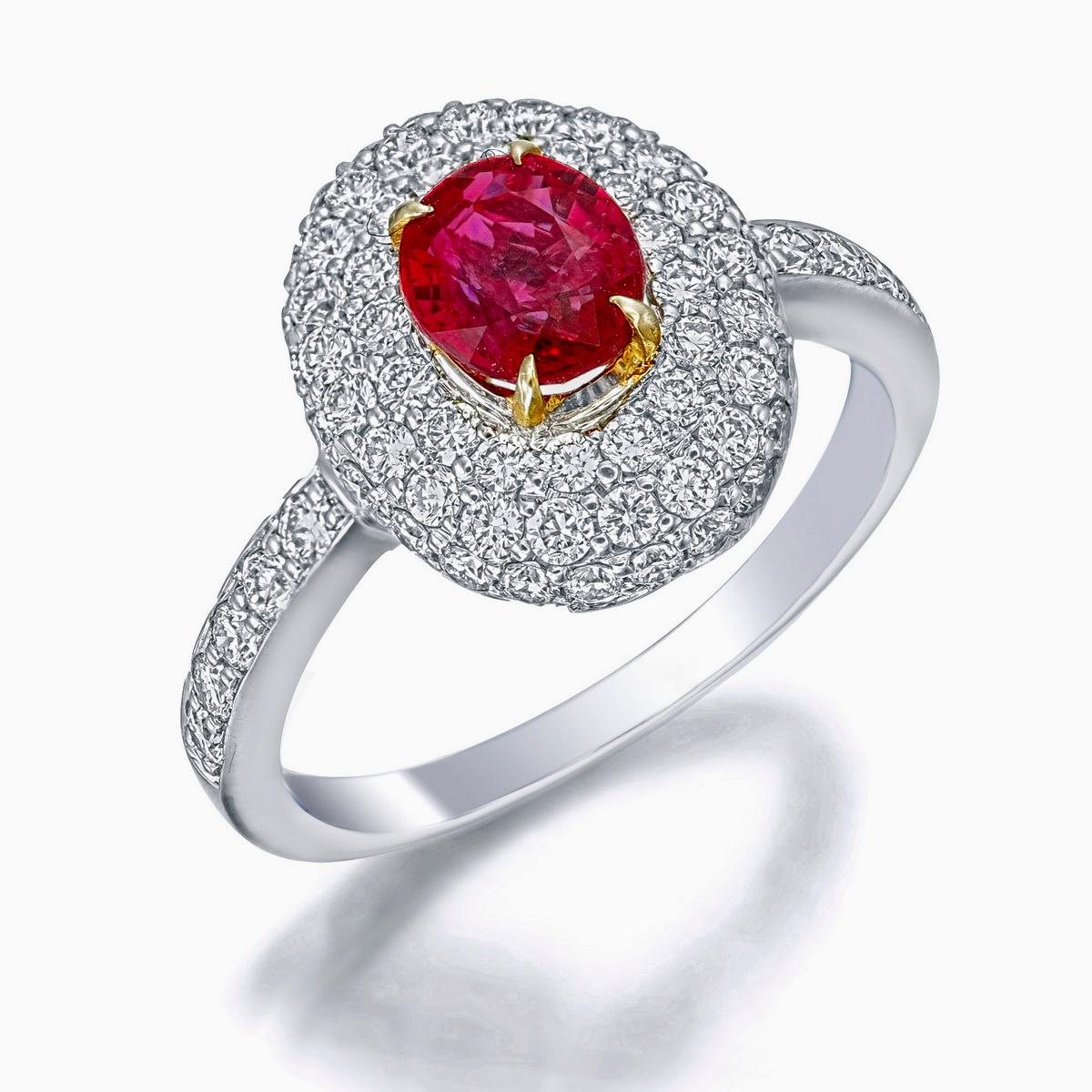 Round Cut GRS Certified 1.01 Carat No Heat Burmese Pigeon Blood Ruby Ring in 18K Gold For Sale