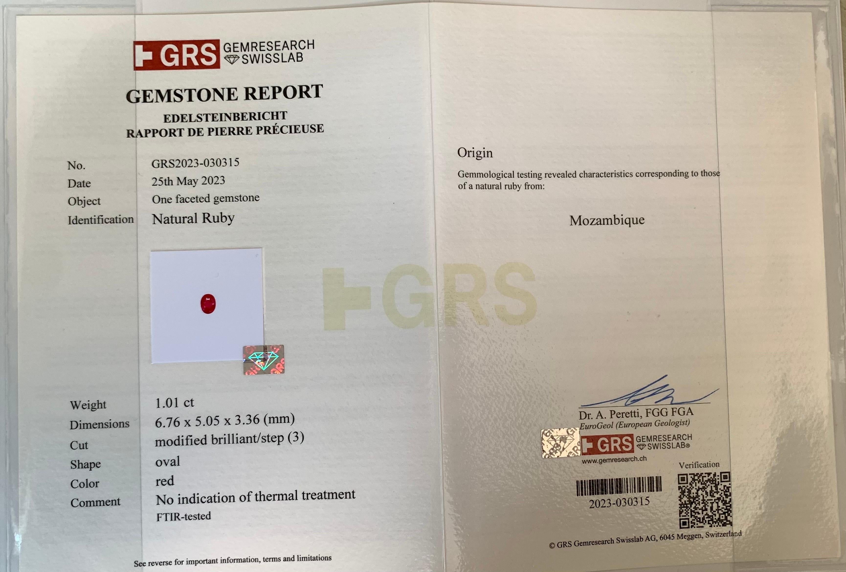 GRS-zertifizierter 1,01 Karat feiner natürlicher unerhitzter roter Rubin, ausgezeichneter Lüster im Angebot 4