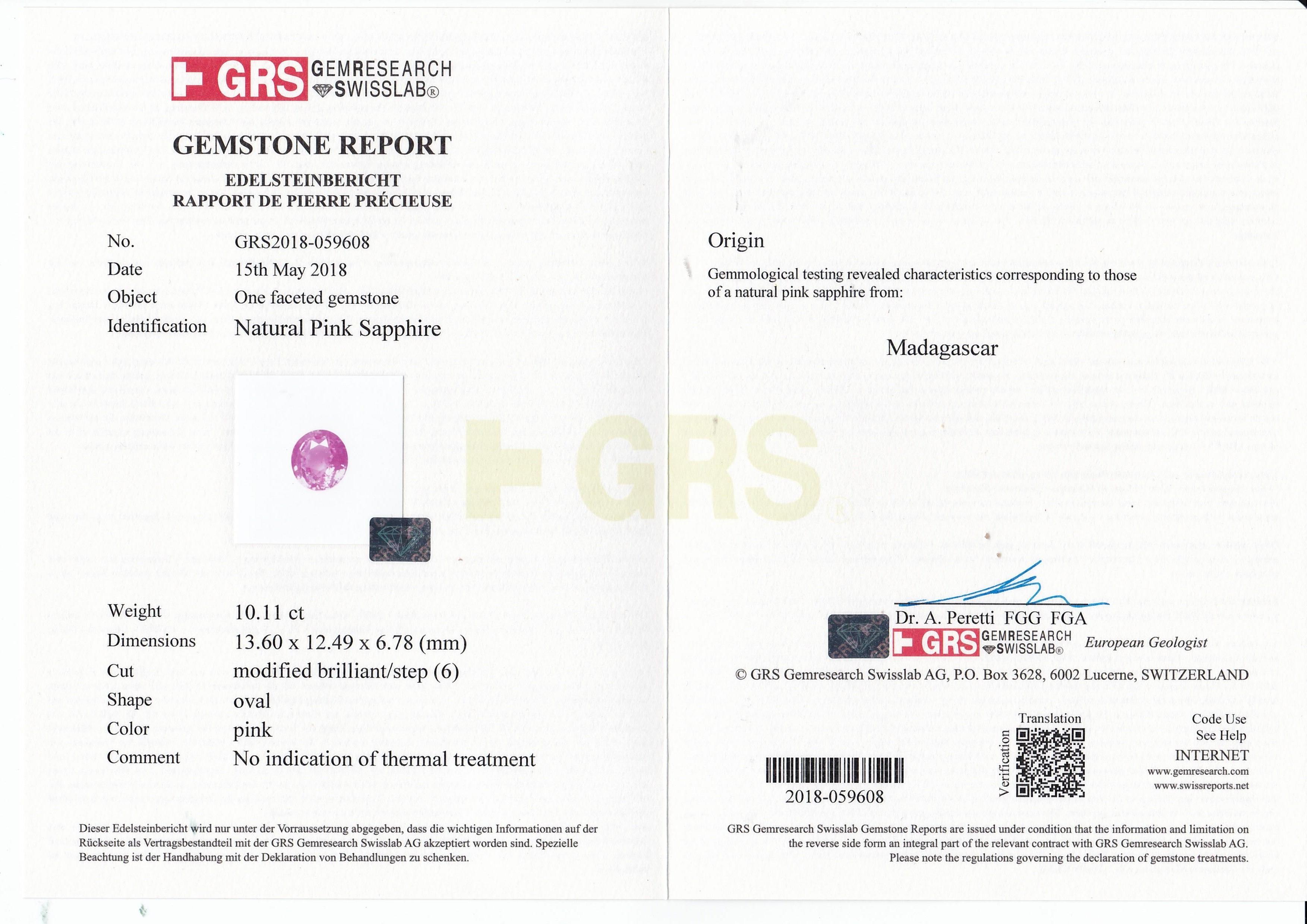 GRS-zertifizierter 10,11 Karat natürlicher unbehandelter rosa Saphir-Ring im Angebot 2
