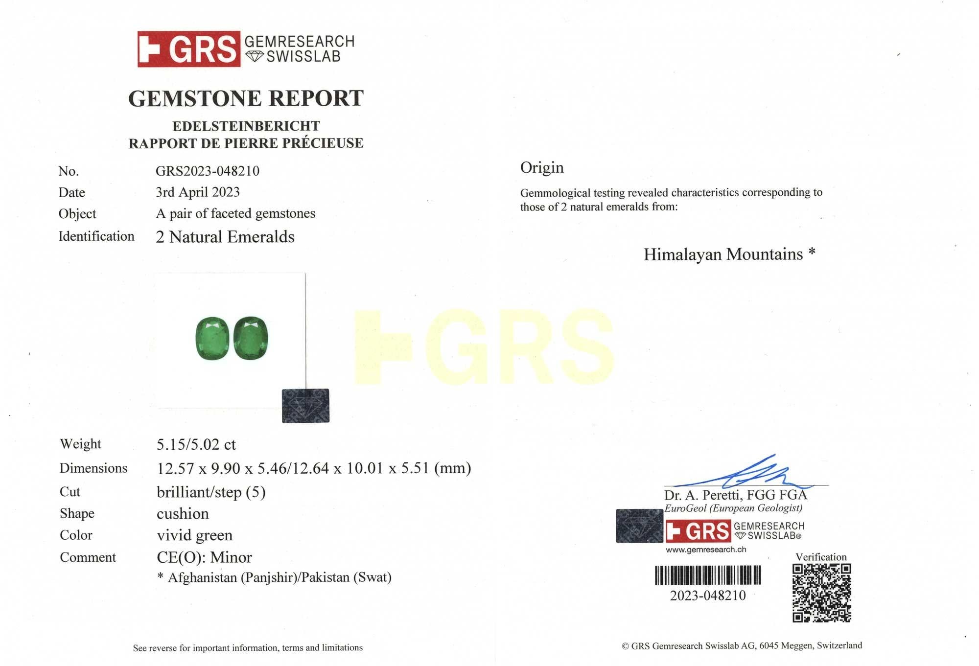 Cushion Cut GRS Certified 10.17 Ct. Himalaya Green Emerald Cushion Earrings For Sale