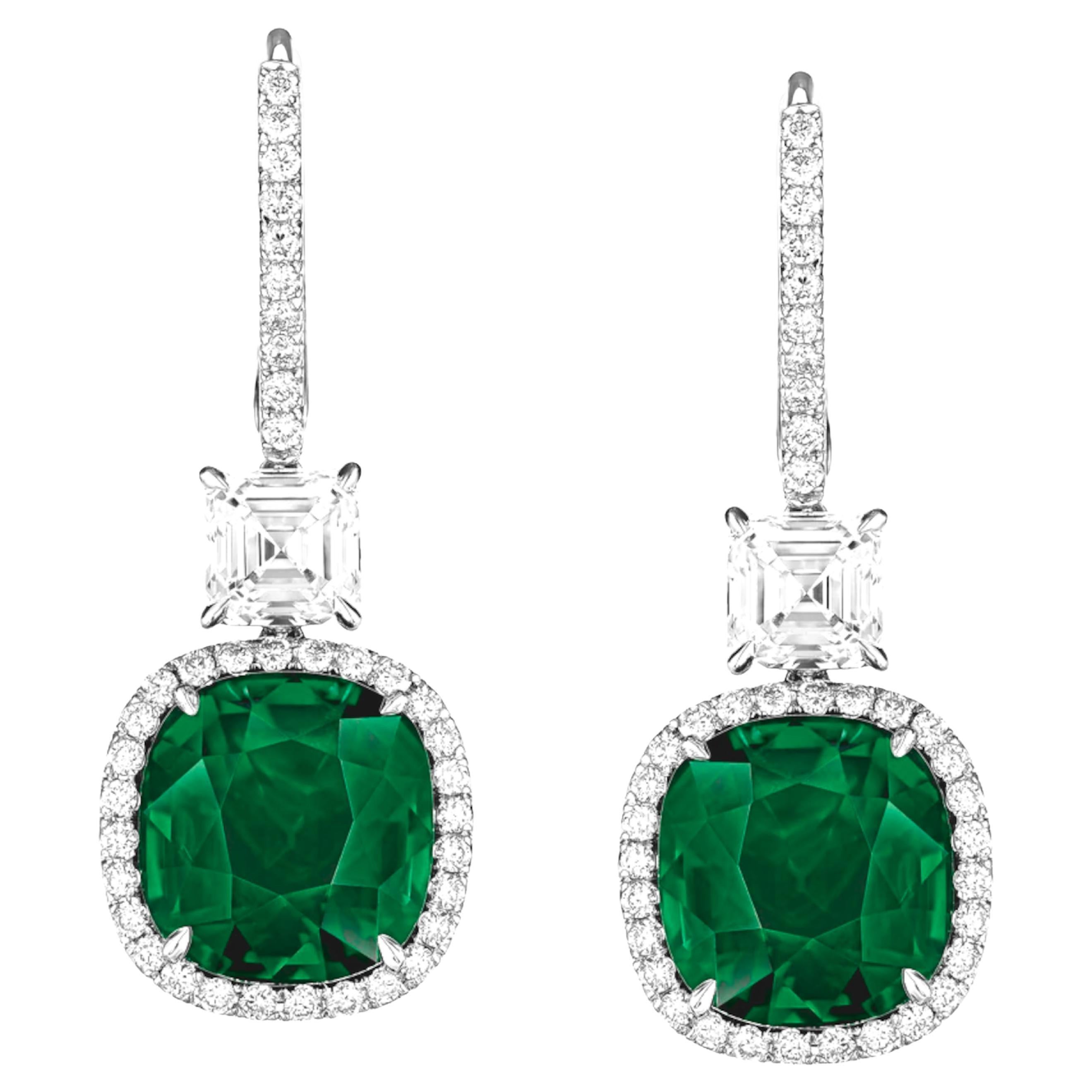 GRS Certified 10.17 Ct. Himalaya Green Emerald Cushion Earrings