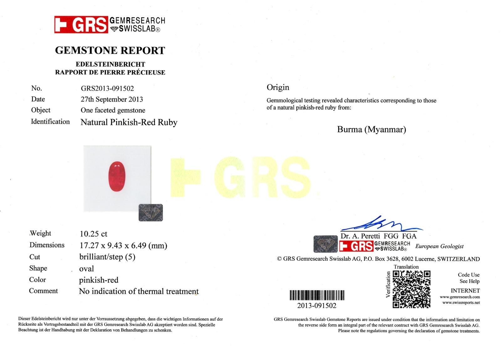 GRS-zertifizierter 10,25 Karat Burma-Rubin und Diamant-Platinring

Dieser Ring ist ein außergewöhnliches Juwel von seltener Herkunft und Schönheit. Er enthält einen GRS-zertifizierten 10,25-karätigen, natürlichen, rosaroten Rubin burmesischen