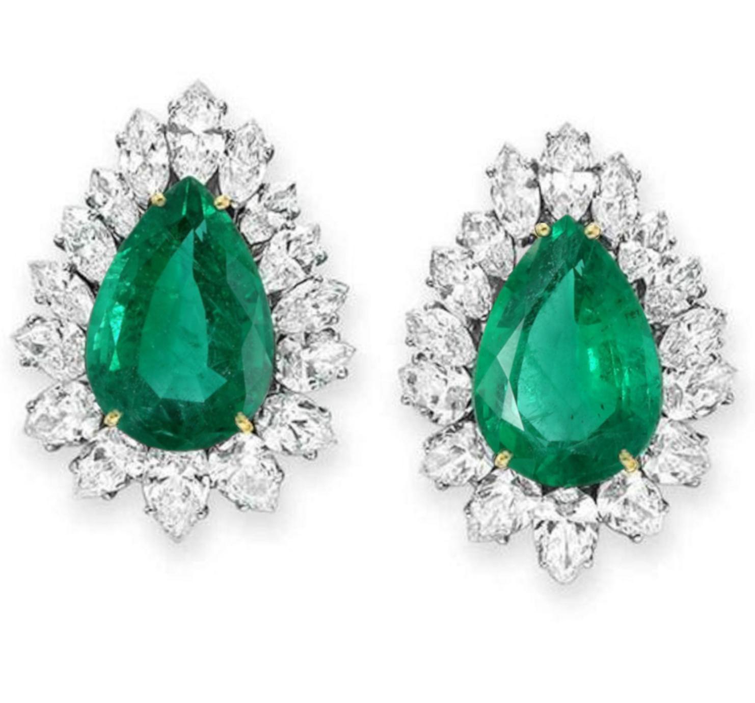 These exquisite stud earrings feature a pair of magnificent pear-cut green emeralds, each meticulously certified by GRS The combined weight of the emeralds totals 10.28 carats, showcasing their substantial size and captivating allure.
Encircling