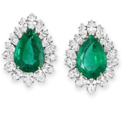 GRS Certified 10.28 Carat Green Emerald Pear Cut Diamond Halo Earrings