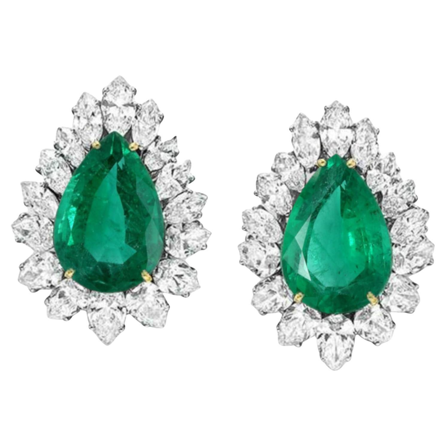 GRS Certified 10.28 Carat Green Emerald Pear Cut Diamond Halo Earrings