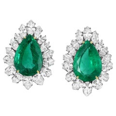 GRS Certified 10.28 Carat Green Emerald Pear Cut Diamond Halo Earrings