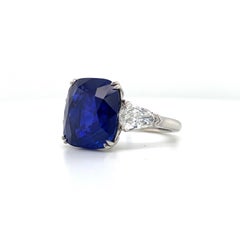 GRS Certified 10.34 Carat "Royal Blue" Ceylon Sapphire Cushion Cut 3- Stone Ring