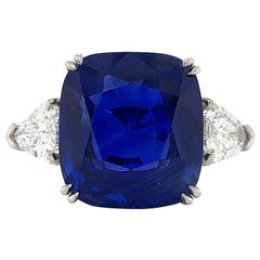 GRS Certified 10.34 Carat "Royal Blue" Ceylon Sapphire Cushion Cut 3- Stone Ring