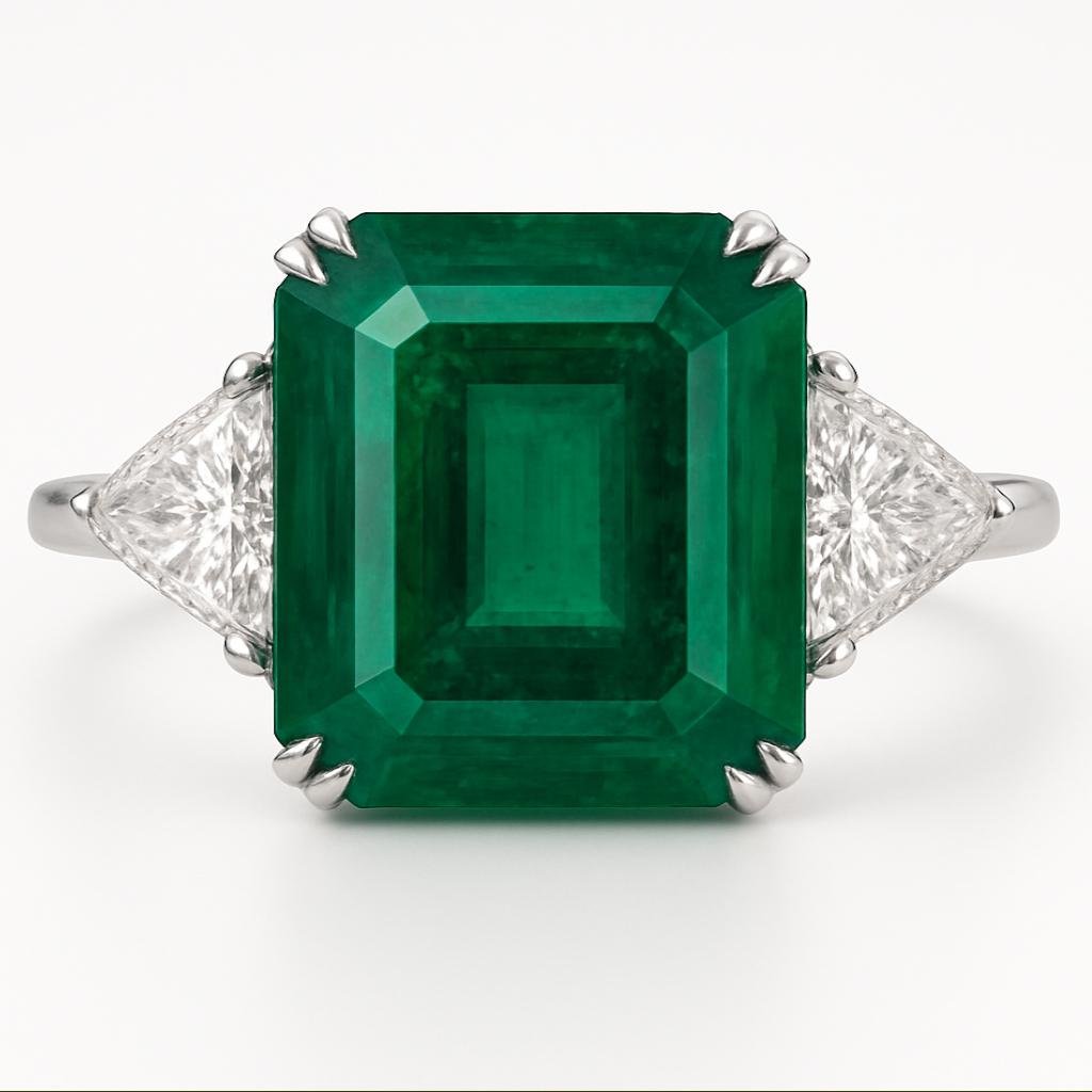 Außergewöhnlicher Platinring mit 10,39 Karat sambischem Smaragd und Trillionen Diamanten

Dieser bemerkenswerte Ring mit drei Steinen ist von zeitloser Eleganz und besticht durch einen 10,39 Karat schweren, von der GRS zertifizierten natürlichen