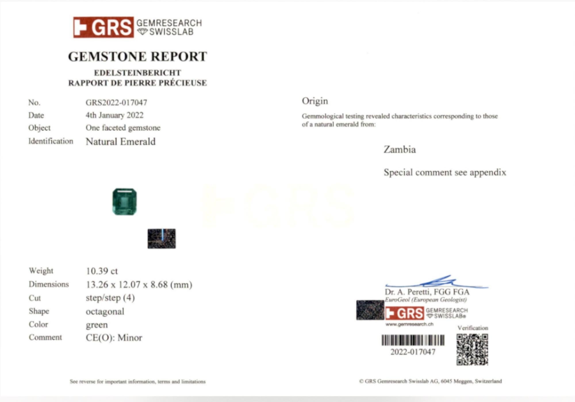 GRS-zertifiziert 10,39 Karat Minor Oil Natural Green Emerald Platin Ring im Zustand „Neu“ im Angebot in Chicago, IL